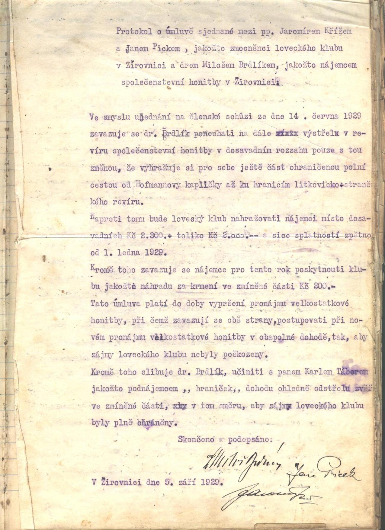 Protokol o pronájmu honitby - 1929