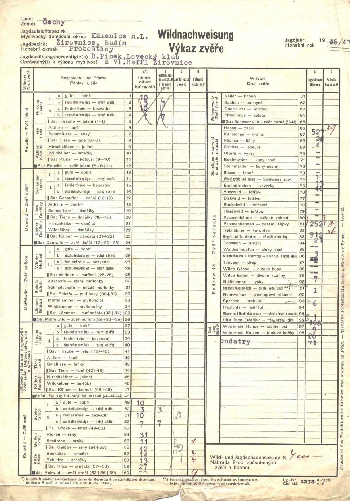 Výkaz zvěře - 1946-47